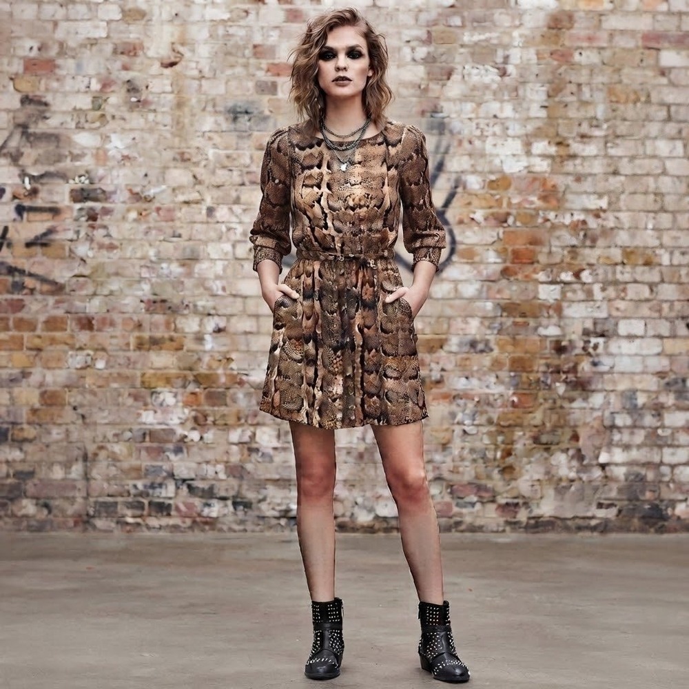 H&M Snakeskin Print Mini Dress Womens 4 Brown 3/4 Sleeve Belted Edgy Chic Rock